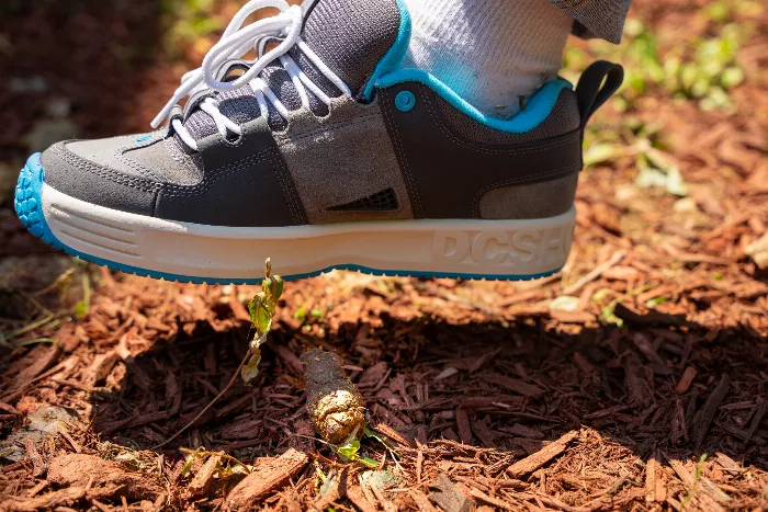 A close-up of a pair of skate shoes stepping directly into a pile of dog poop.