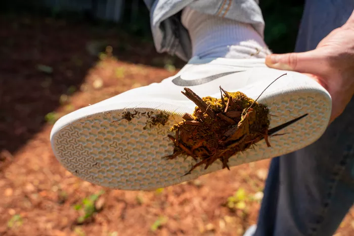 A close-up of the Nike SB Nyjah Free 2 skate shoe being cleaned with a hose, showing the poop being washed away.