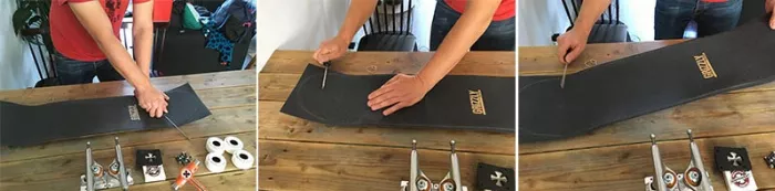 A close-up shot showing the process of scraping the edges of the new grip tape with a screwdriver