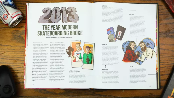 A collage of skateboarders and graphics related to the year 2013, the year modern skateboarding broke.