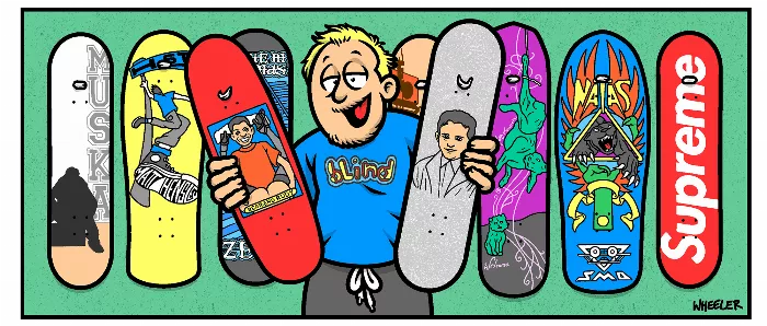 A collage of vintage skateboards