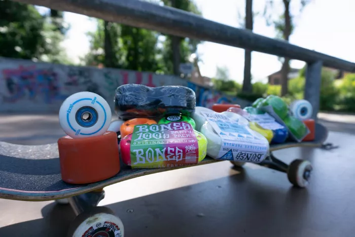 A collection of skateboard wheels