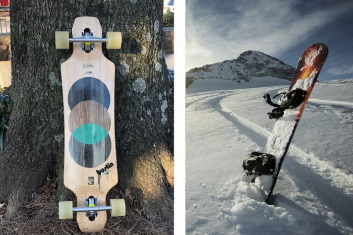 A comparison image of a person snowboarding and a person longboarding, highlighting the different stances and environments