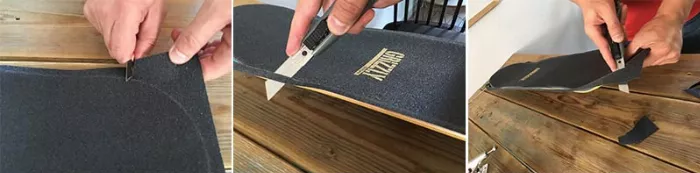 A detailed image illustrating how to cut new grip tape for a skateboard using a razor blade