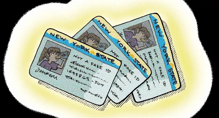 A digital drawing of several ID cards with the words &quot;FAKE IDS&quot; above them.