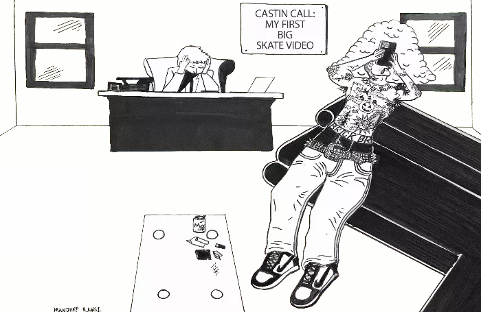 A drawing of a person sitting on a casting couch, with a camera pointed at them