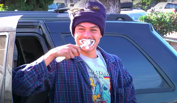 A group of skateboarders, including Tyson Peterson, hanging out