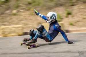 A mountain bike style full-face helmet used for downhill skateboarding