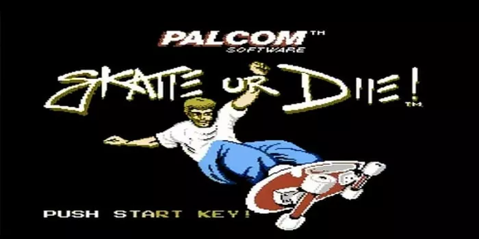 A retro screenshot of the Skate or Die video game, displaying 8-bit graphics of skaters competing on a ramp.