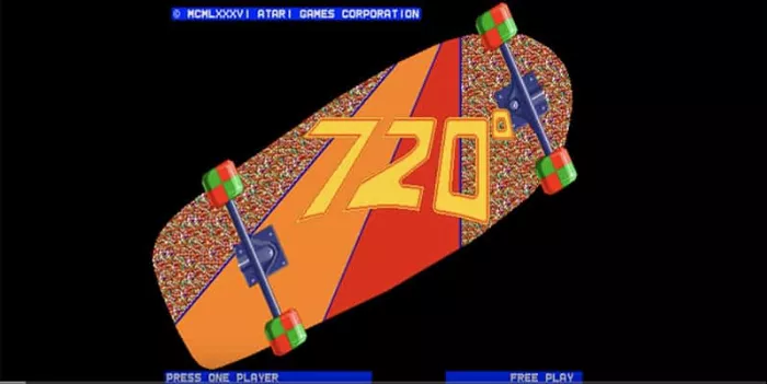 A screenshot of the 720° skateboarding video game, showing a pixelated skater performing a trick in an arcade setting.