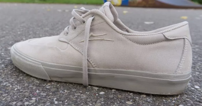 A side view of a Lakai vulcanized skate shoe, showcasing its low profile and flexible sole