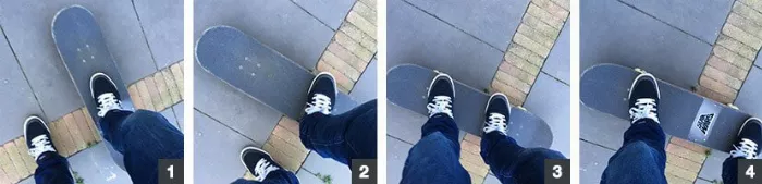 A skateboarder demonstrating the mongo pushing stance, with their front foot pushing and back foot positioned near the center of the board.