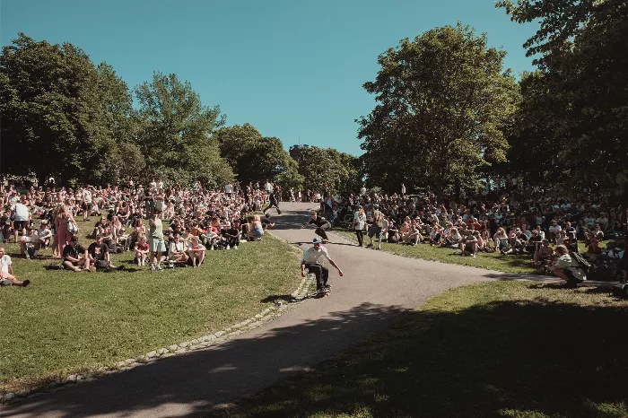 A skateboarder grinds on a rail at the Helsinki HELride event