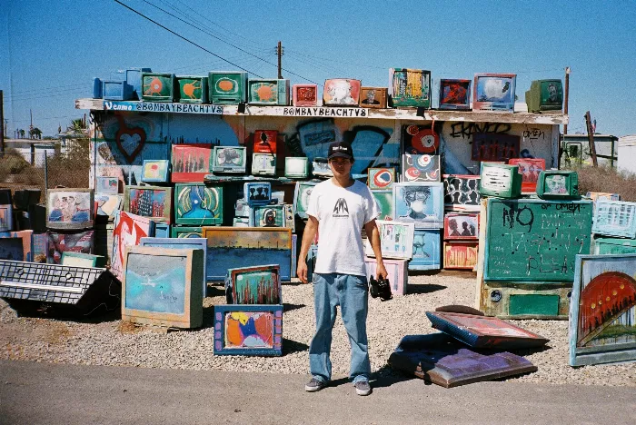 A skater performing a trick on the quarterpipe in Bombay Beach