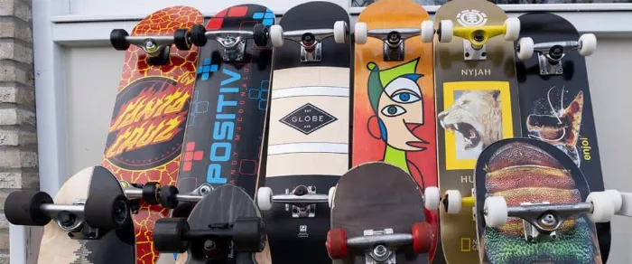 A variety of skateboards suitable for beginners are displayed