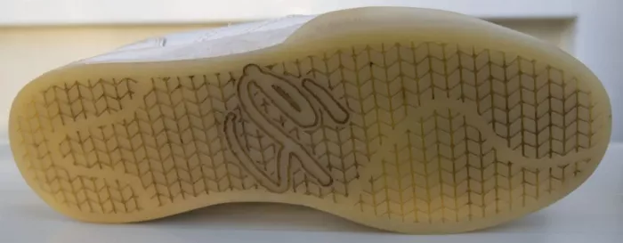 A view of a cupsole shoe's outsole showing its one piece design