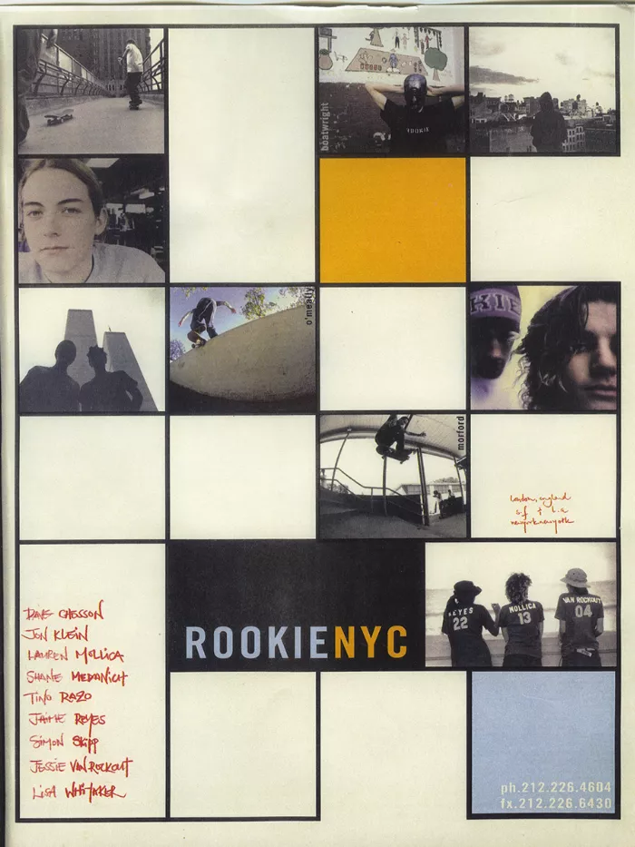 A vintage Rookie Skateboards advertisement featuring a diverse group of skaters, reflecting the brand's inclusive ethos