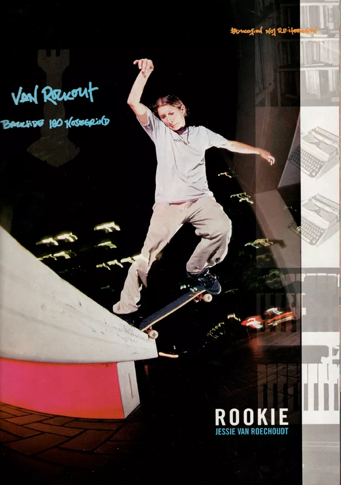 A vintage Rookie Skateboards advertisement featuring a skater and embodying the brand's early-90s style