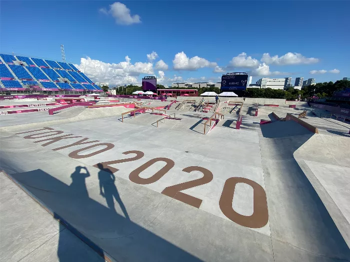 A wide shot of the Tokyo Olympics skateboarding street course showing the various obstacles and ramps.