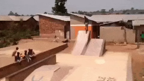 An animated gif showing a skateboarder performing tricks at the Uganda skatepark