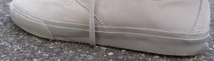 An image of a vulcanized skate shoe showing the foxing tape detail