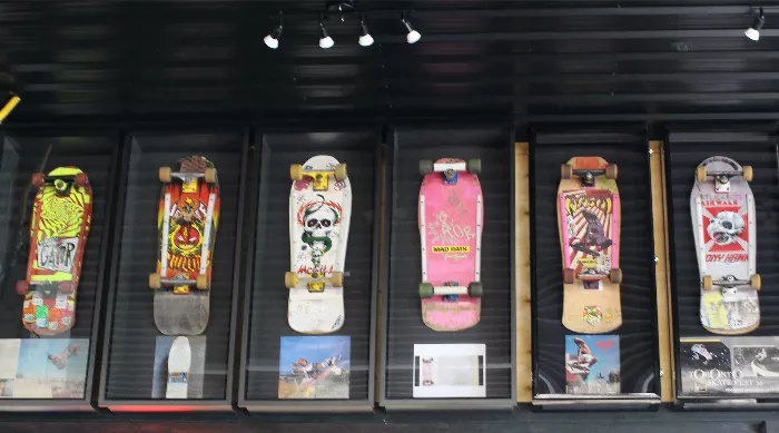 An image of several vintage skateboard decks