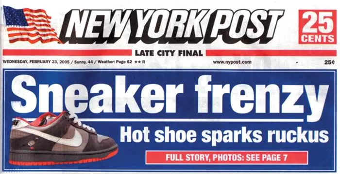 An old newspaper headline about sneaker releases and the hype.