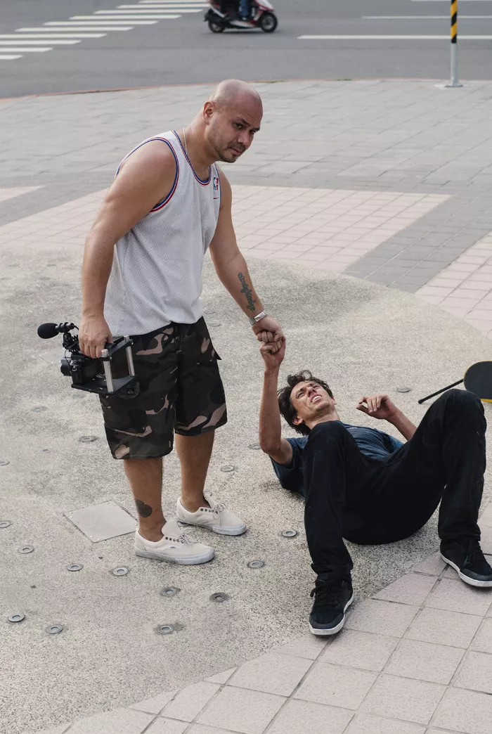 Anthony Claravall filming a skateboarder