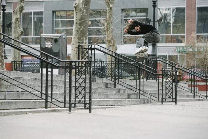 Antonio Durao performing a switch backside flip in Houston Park, NY