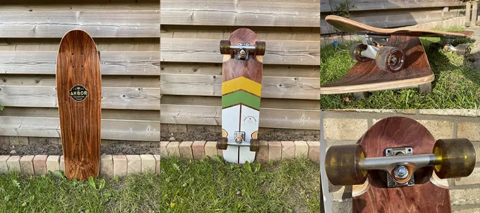 Arbor Pilsner mini cruiser with natural wood deck, black trucks and light blue wheels