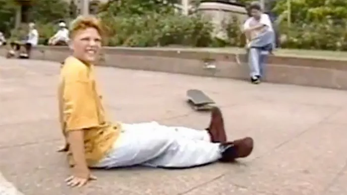 Bam Margera, Mike Maldonado, and Jimmy Chung skating at Pulaski in 1992