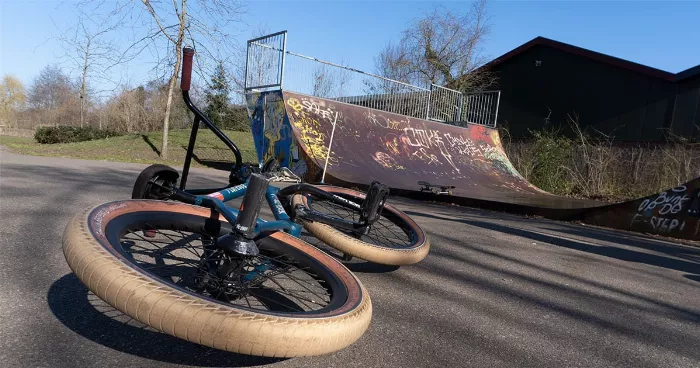 BMX rider performing a trick in a skatepark