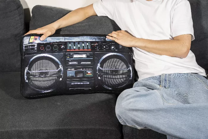 Boombox Pillow and Rug in Living Room