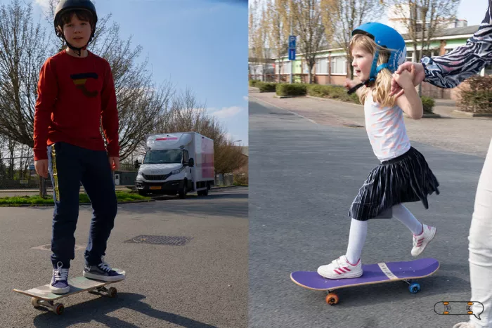 boy and girl riding a SkateXS skateboard