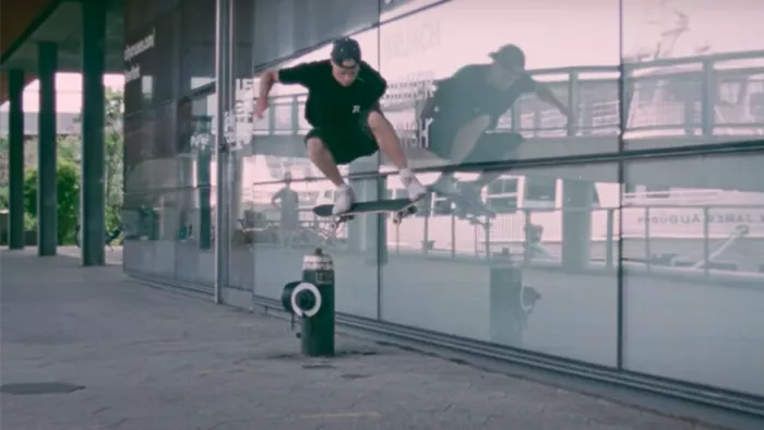 Brad Cromer skateboarding, captured on 16mm film, showcasing a classic ollie.