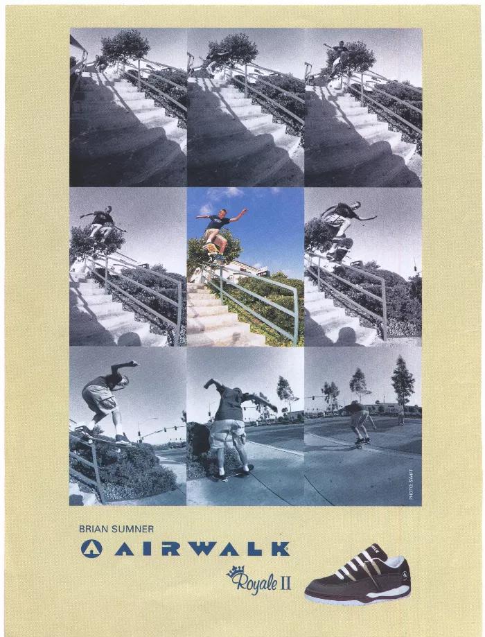 Brian Sumner's Airwalk ad, showcasing a switch 180 5-0 down a 10 stair rail.