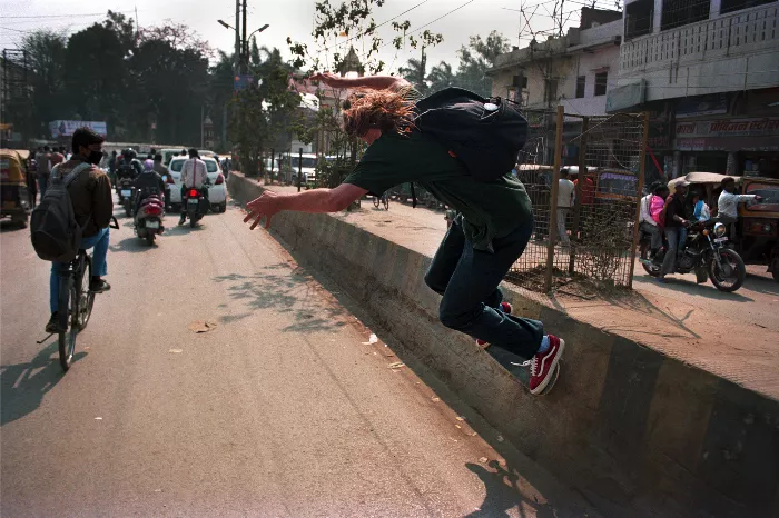 Callum skateboarding in Varanasi, India