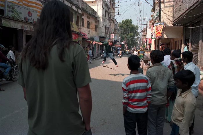 Callum skateboarding in Varanasi, India