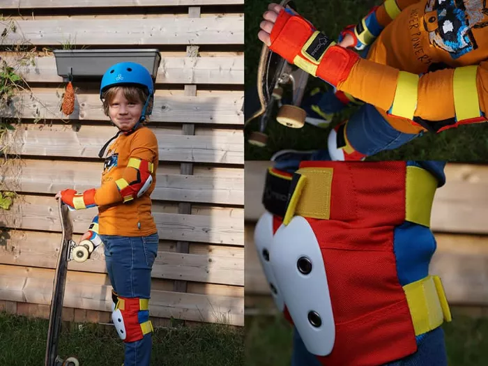 child in full skateboarding gear