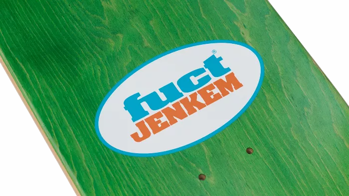 Close-up detail of the Jenkem x FUCT skateboard deck, highlighting the graphic on the top of the board.