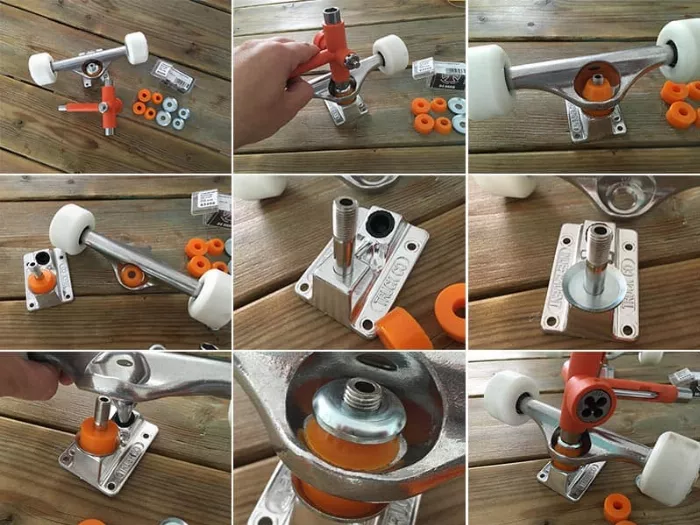 Close-up of replacing bushings on a longboard truck