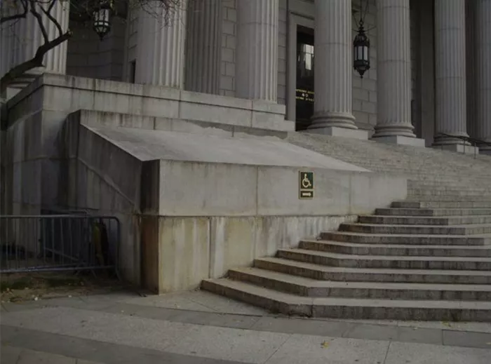 Close up of the NYC Courthouse Drop featuring the steps, ledge, and bank.