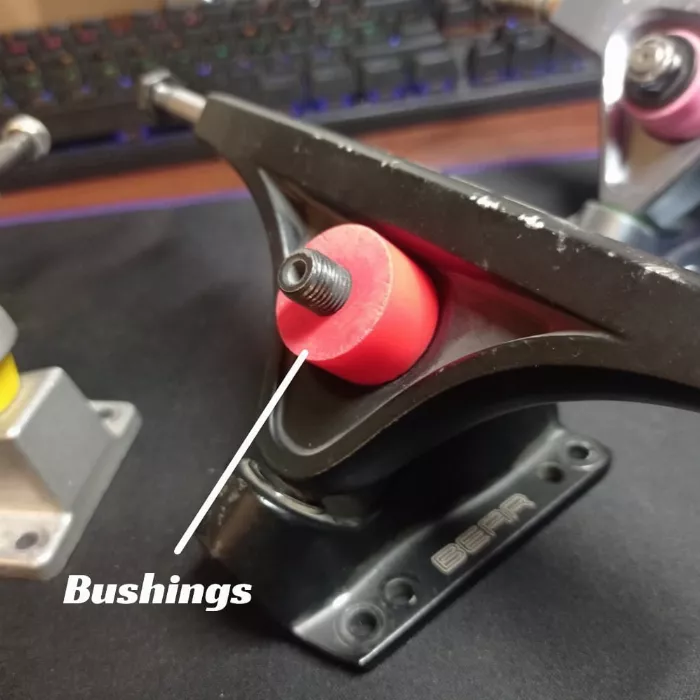 Close-up of various longboard bushings