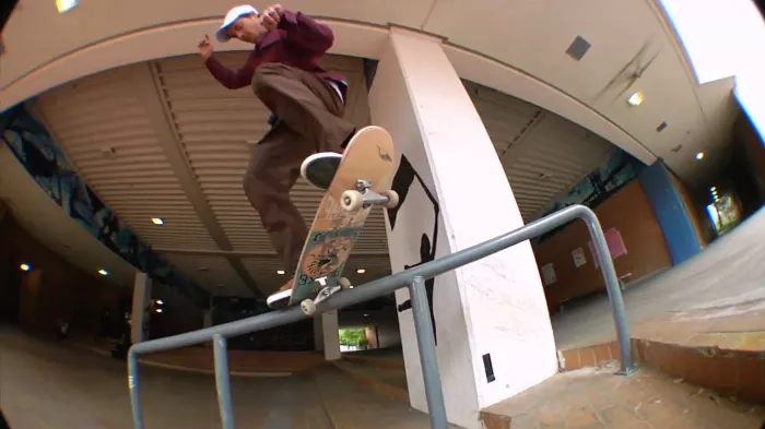 Close up shot of a skater on the L.A. High rail