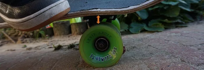 Close-up showing safe clearance on a skateboard, preventing wheel bite