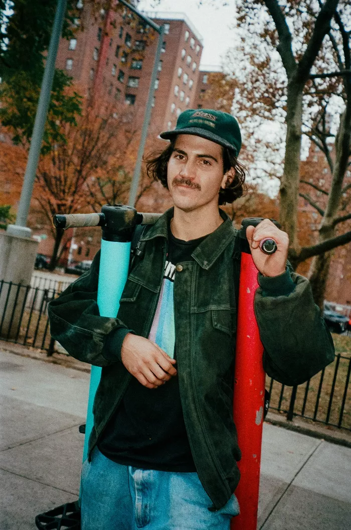 Dalton Smith performs a trick on a pogo stick at a popular NYC skate spot.