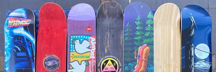 Different skateboard decks showcasing varied shapes and sizes