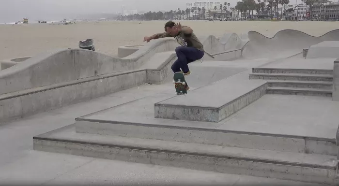 Frank skating at the Venice Beach Skatepark, showcasing his skills.