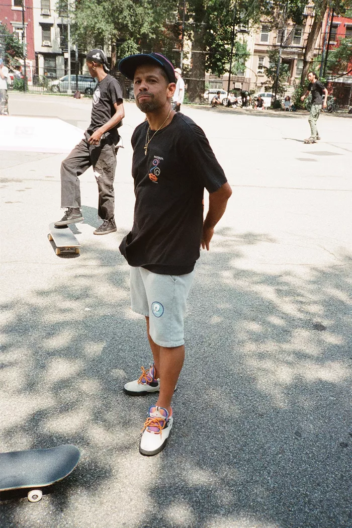 German Nieves at a skate jam in Tompkins Square Park, wearing Paterson x DC shoes.