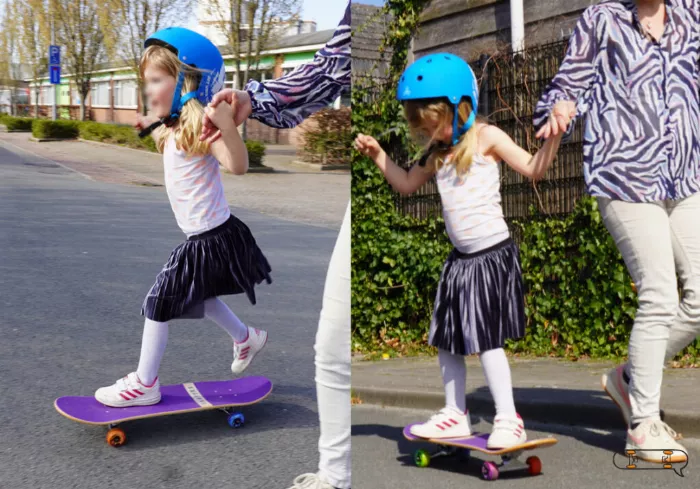 Girl riding skateXS skateboard